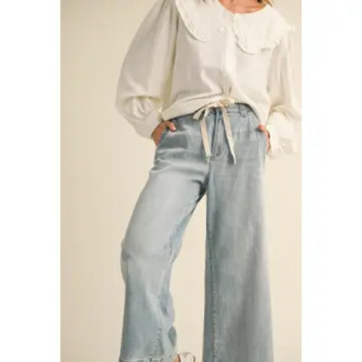 Washed Denim Tie Front  Pants