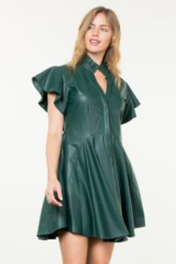 Flutter Sleeve Button Leather Dress