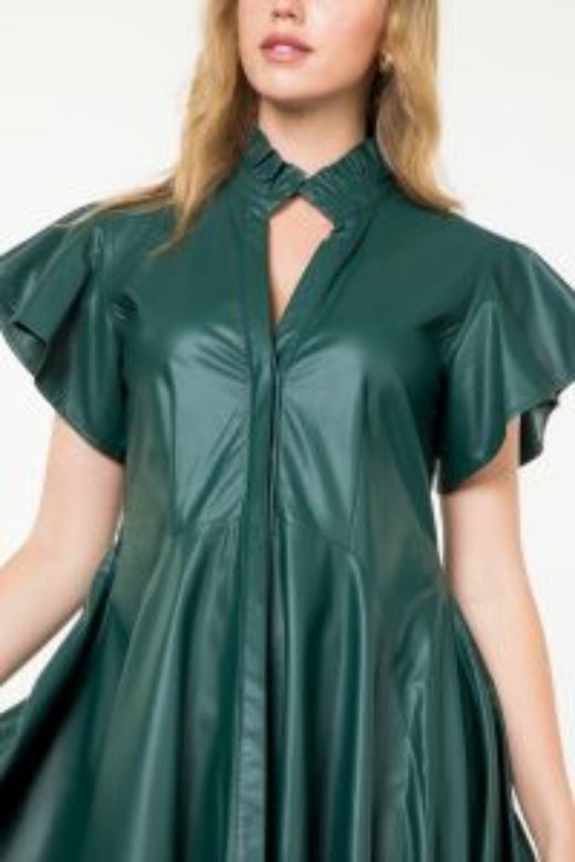 Flutter Sleeve Button Leather Dress