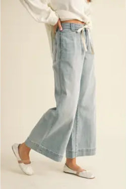 Washed Denim Tie Front  Pants