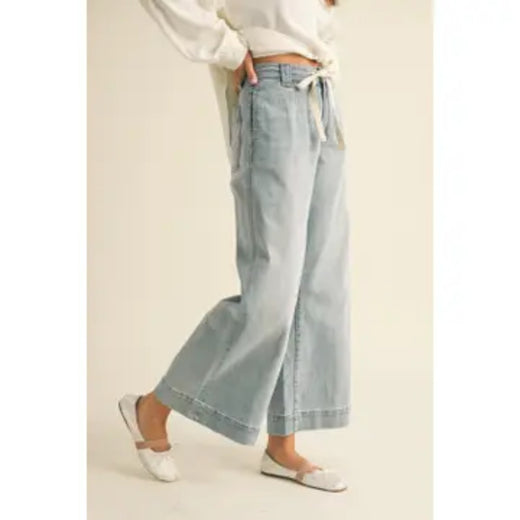 Washed Denim Tie Front  Pants