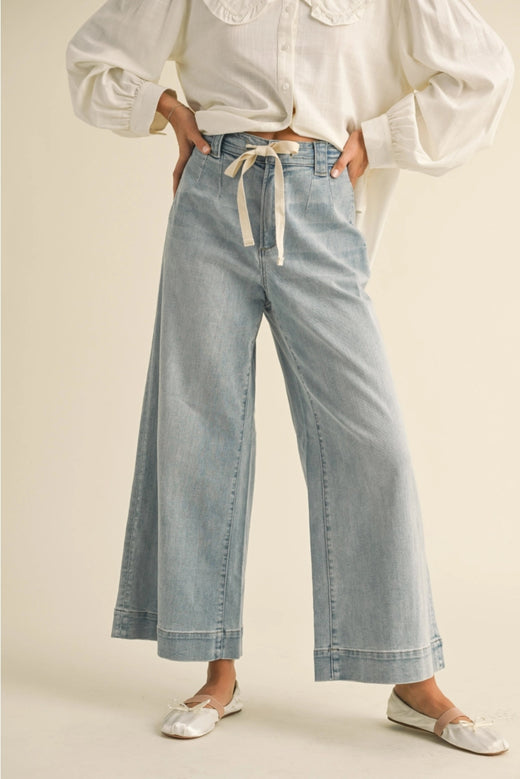 Washed Denim Tie Front  Pants
