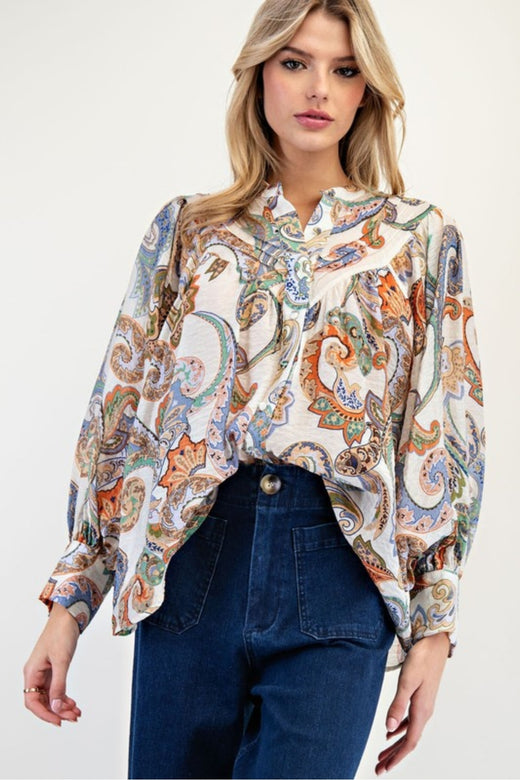 Paisley Printed Bubble Sleeve Top