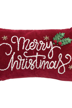 Cotton Velvet Lumbar Pillow with Embroidery & Applique "Merry Christmas"