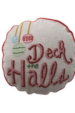 16" Round Linen Printed Pillow with Beads, Piping & Cotton Back "Deck The Halls" ©