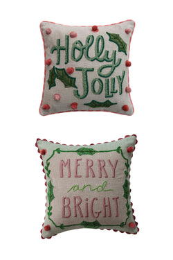 18" Square Linen Printed Pillow with Saying, Embroidery & Ric Rac Trim, 2 Styles ©
