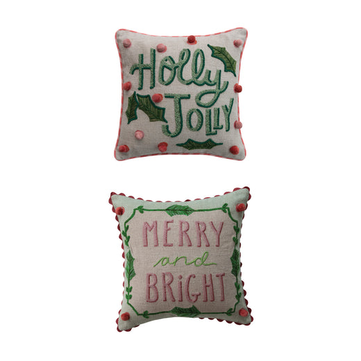18" Square Linen Printed Pillow with Saying, Embroidery & Ric Rac Trim, 2 Styles ©