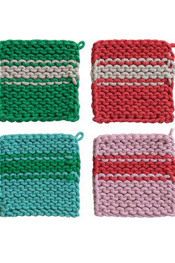 Cotton Crocheted Pot Holder with Stripe, 4 Colors