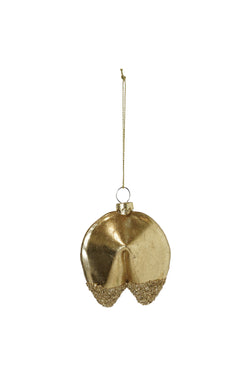 Hand-Painted Glass Fortune Cookie Ornament with Glitter, Gold Finish