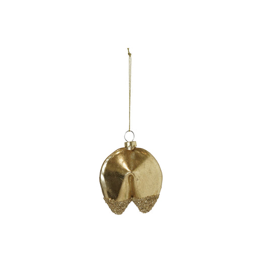 Hand-Painted Glass Fortune Cookie Ornament with Glitter, Gold Finish