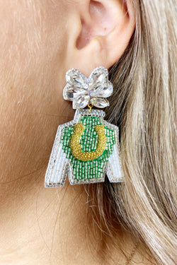 Derby Jockey Silks Green Gold Horseshoe Earrings