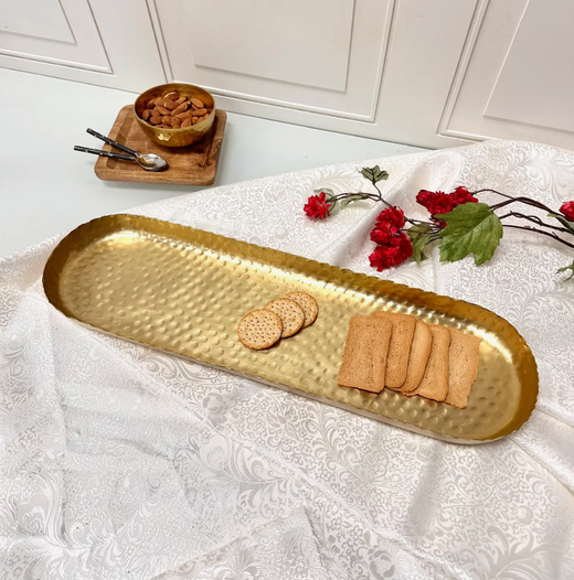 Large Gold Hammered Aluminum Oblong Tray with Rough Edges