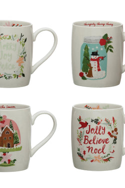 Stoneware Mug with Holiday Pattern, 4 Styles